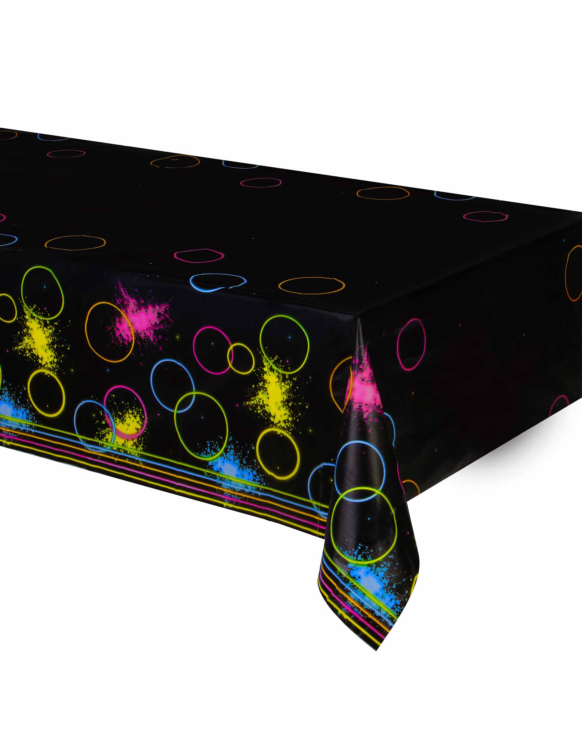 Nappe en plastique Glow Party noire avec motifs cercles et taches néon