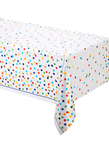 Plastična prtina happy birthday s pisanimi pikami 137 x 213 cm za zabavo 