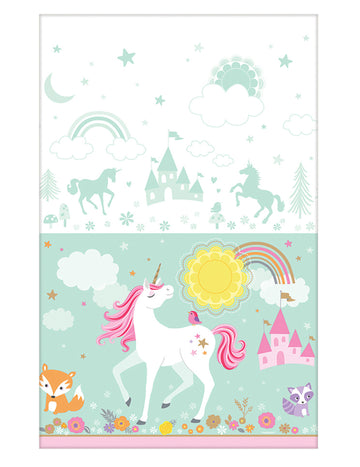 Nappe en plastique licorne magique pour anniversaire fille menthe et blanc à motifs féeriques