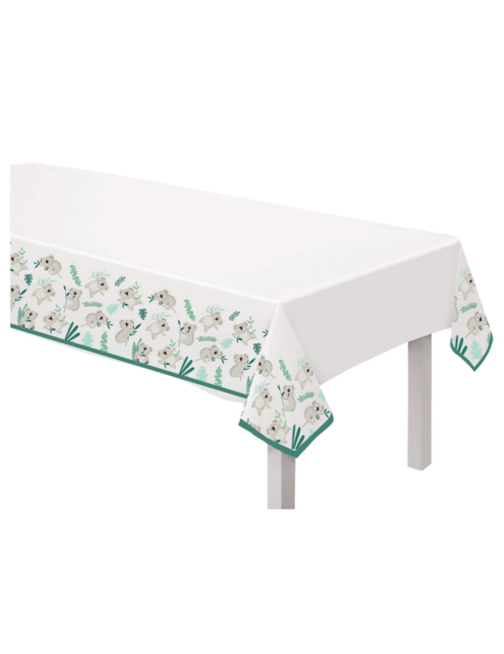 Nappe en plastique koala pour anniversaire blanche à motifs koalas et feuilles vertes