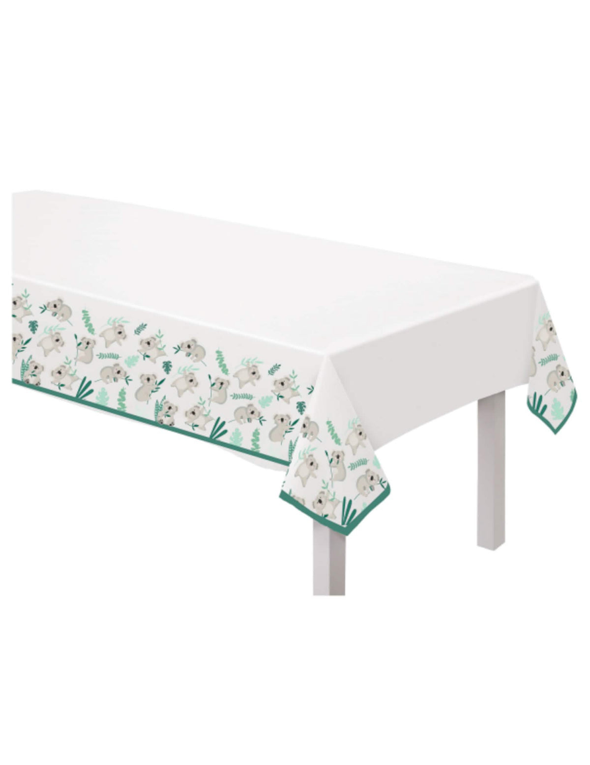 Nappe en plastique koala pour anniversaire blanche à motifs koalas et feuilles vertes