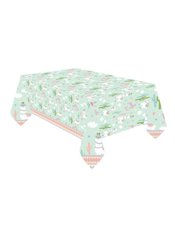 Nappe en plastique Lama Party Time vert menthe avec motifs cactus et lamas