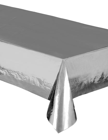 Srebrn kovinski plastični prt 137 x 274 cm vodoodporna in za večkratno uporabo