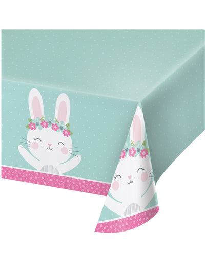 Nappe en plastique petit lapin pour anniversaire menthe avec fleurs roses