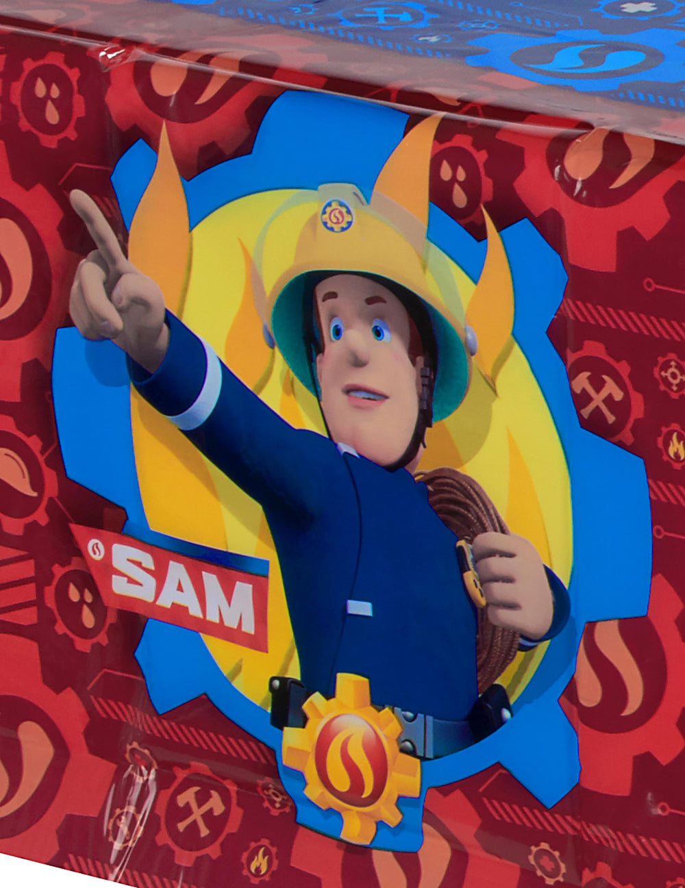 Détail de l'illustration du personnage de la nappe en plastique Sam le Pompier