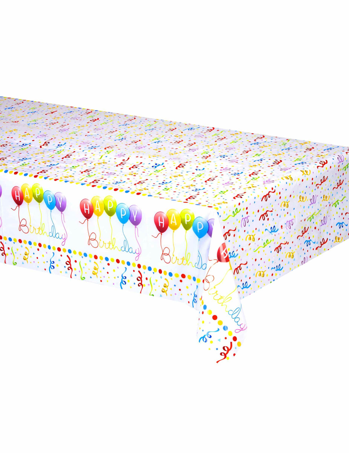 Plastičen prt Happy Birthday za rojstni dan, bel z vzorci konfeti in pisanih balonov