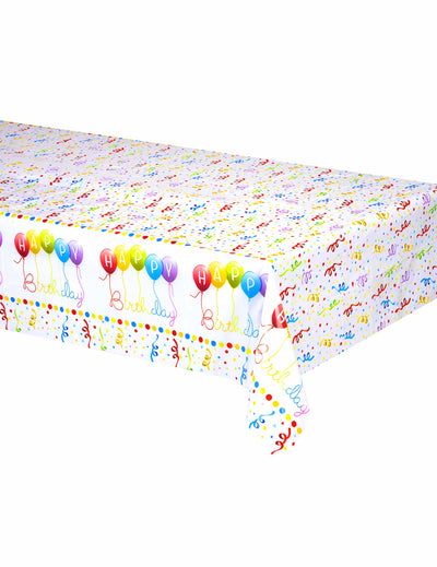 Nappe plastique Happy Birthday pour anniversaire blanche à motifs confettis et ballons multicolores