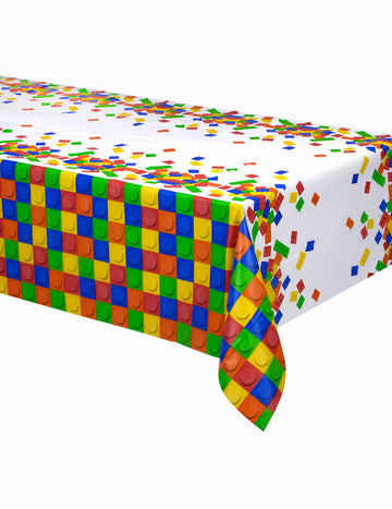Nappe en plastique jeu de construction pour anniversaire blanche et multicolore