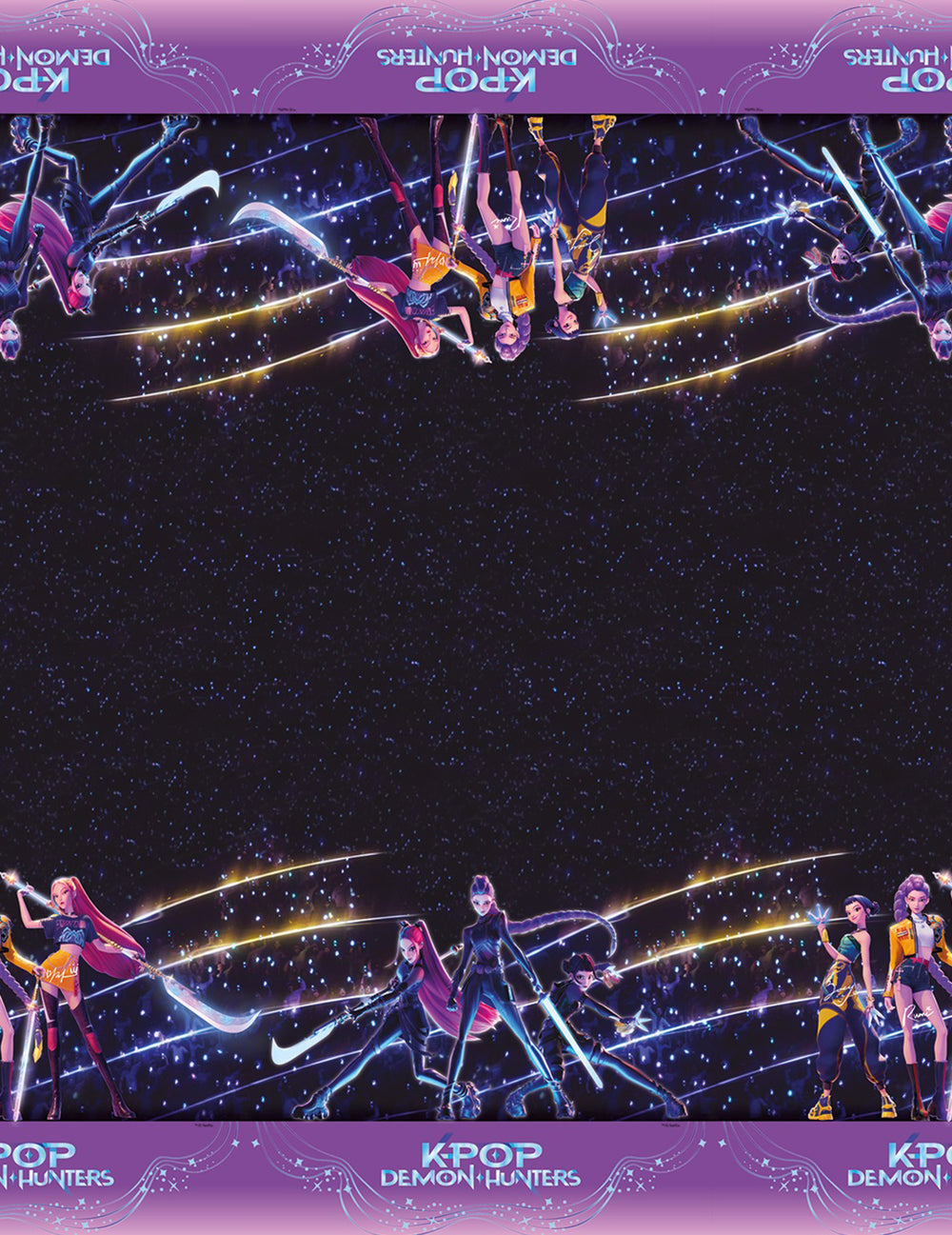 Détail de l'imprimé de la nappe plastique K-pop Demon Hunters