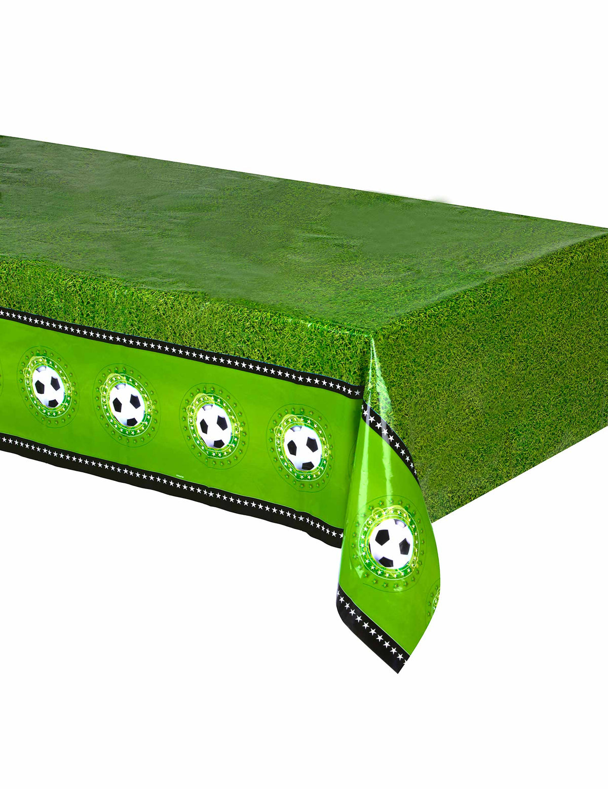 Nappe plastique Stade de foot pour fête verte effet pelouse avec motifs ballons
