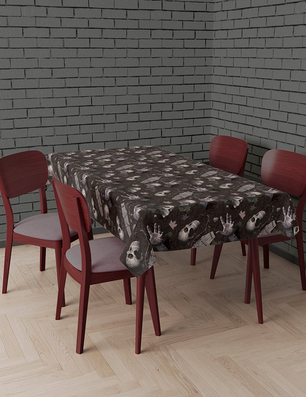 Nappe revenants du cimetière noir et gris avec motifs de crânes et mains de squelettes