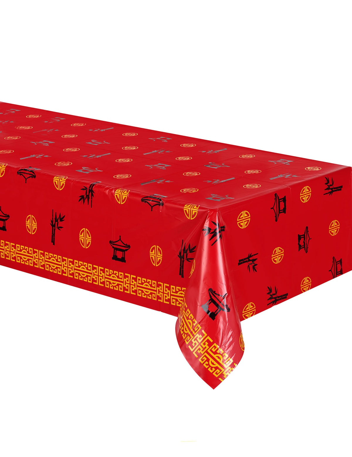 Nappe en plastique Asie rouge avec motifs dorés et noirs