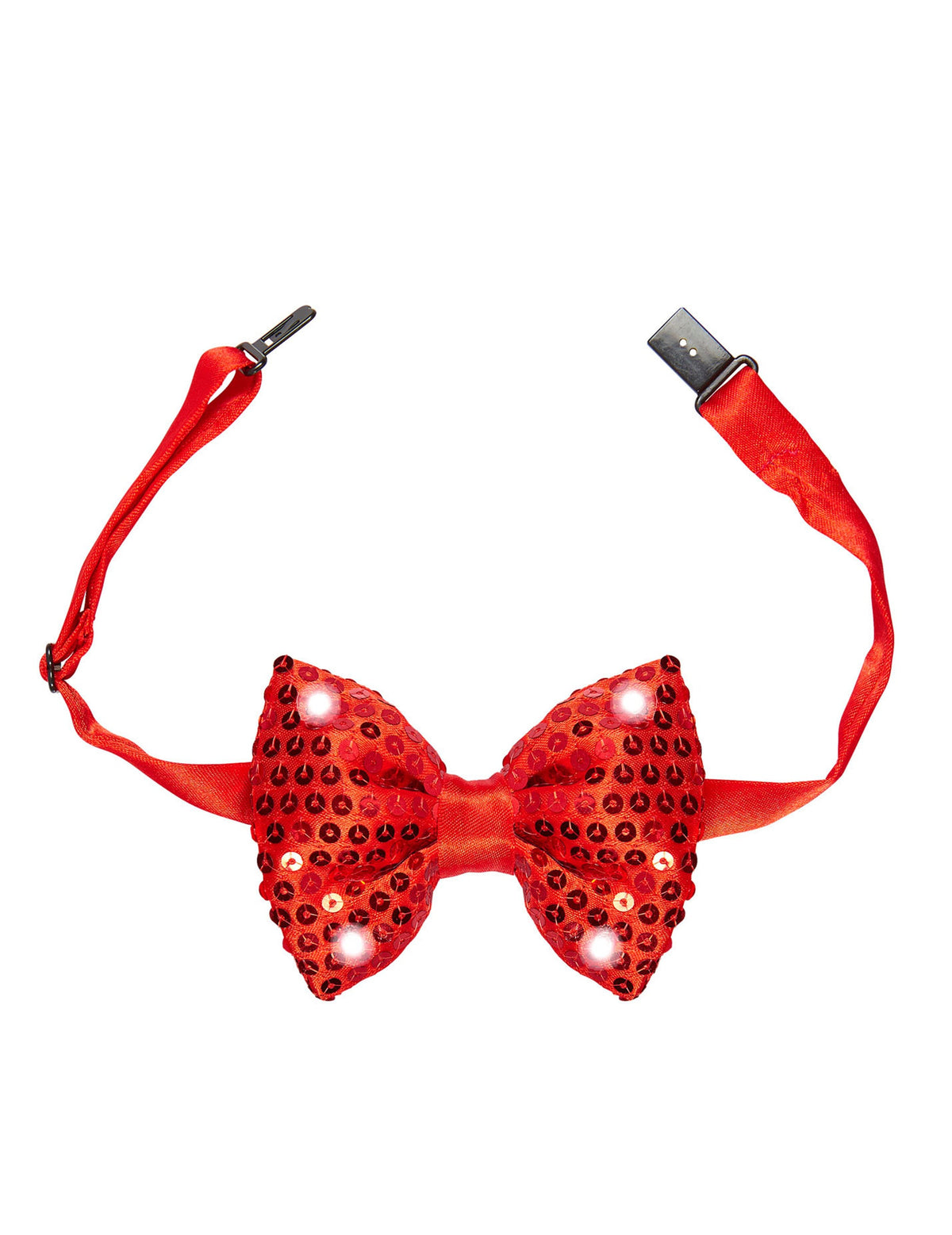 Détail du système d'attache du noeud papillon avec sequins et LED clignotantes pour adulte