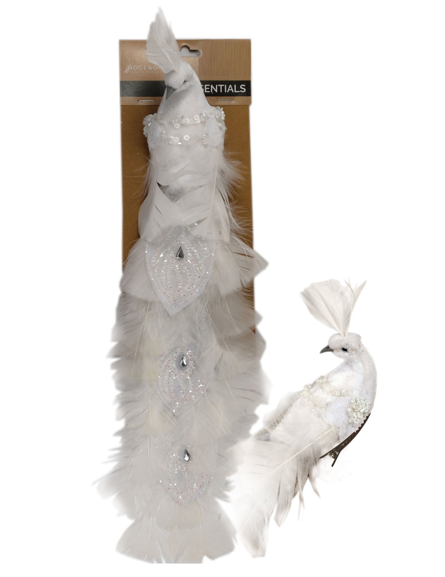 Bela ptica na sponki 36 cm perje