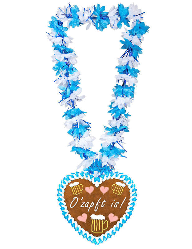 Collier hawaïen fête de la bière pour adulte bleu et blanc avec pendentif cœur pain d'épices