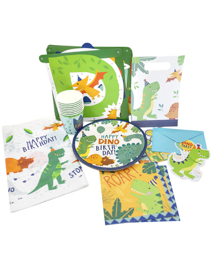 Détail de la vaisselle et des accessoires du Pack dino pour anniversaire
