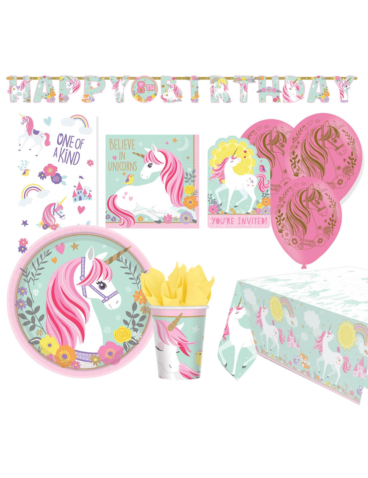Pack d'anniversaire licorne magique pour enfant rose et bleu pastel 68 pièces