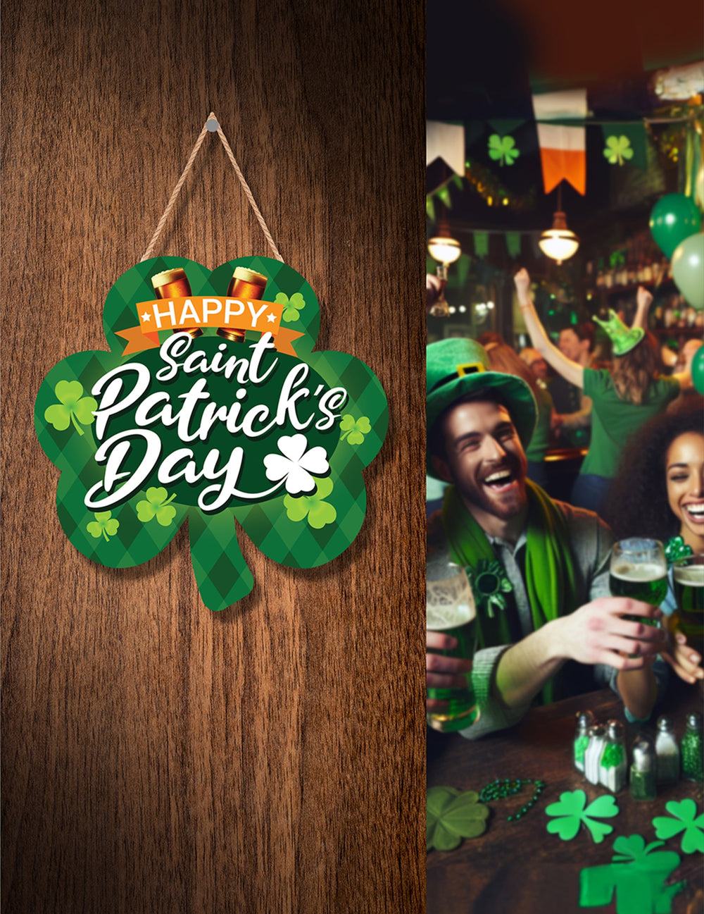 Mise en situation du panneau Saint Patrick pour décoration vert en forme de trèfle avec chopes de bière
