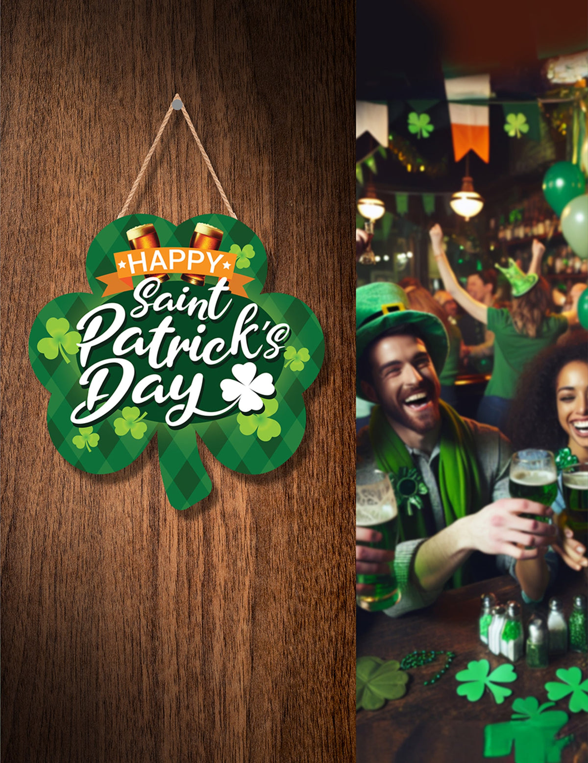 Mise en situation du panneau Saint Patrick pour décoration vert en forme de trèfle avec chopes de bière