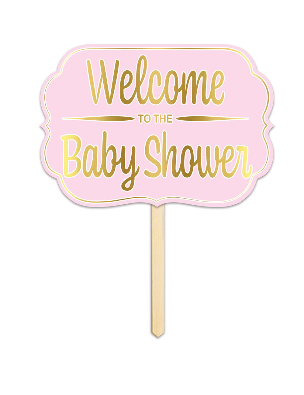 Panneau en carton Welcome to the baby shower pour fête rose et doré avec tige en bois