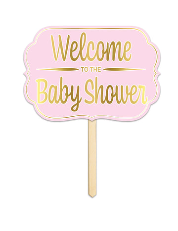 Kartonski znak dobrodošli na otroški zabavi roza 25 x 36 cm z leseno palico