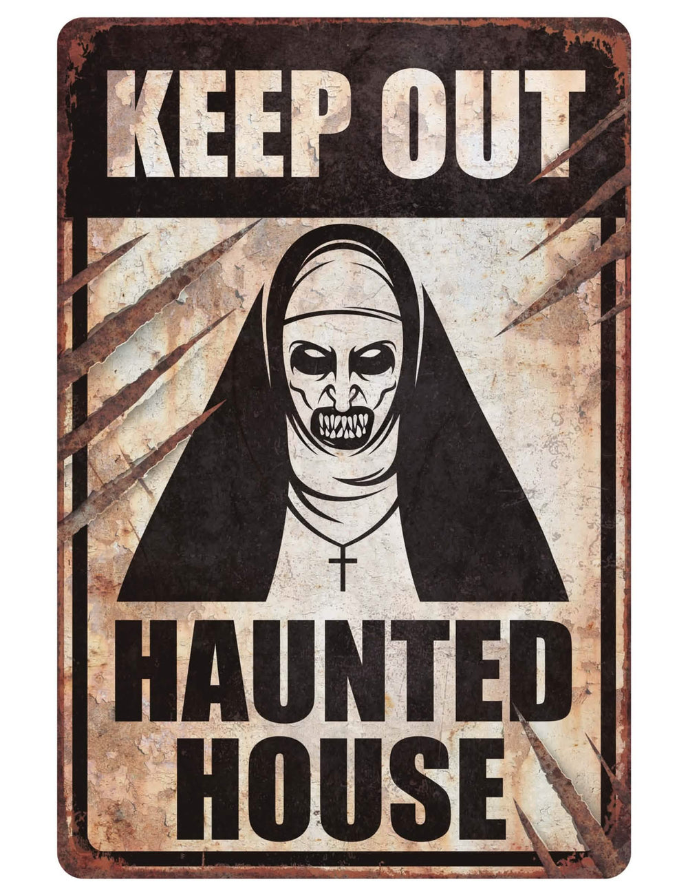 Panneau nonne démoniaque pour Halloween en carton aspect vieilli et rouillé