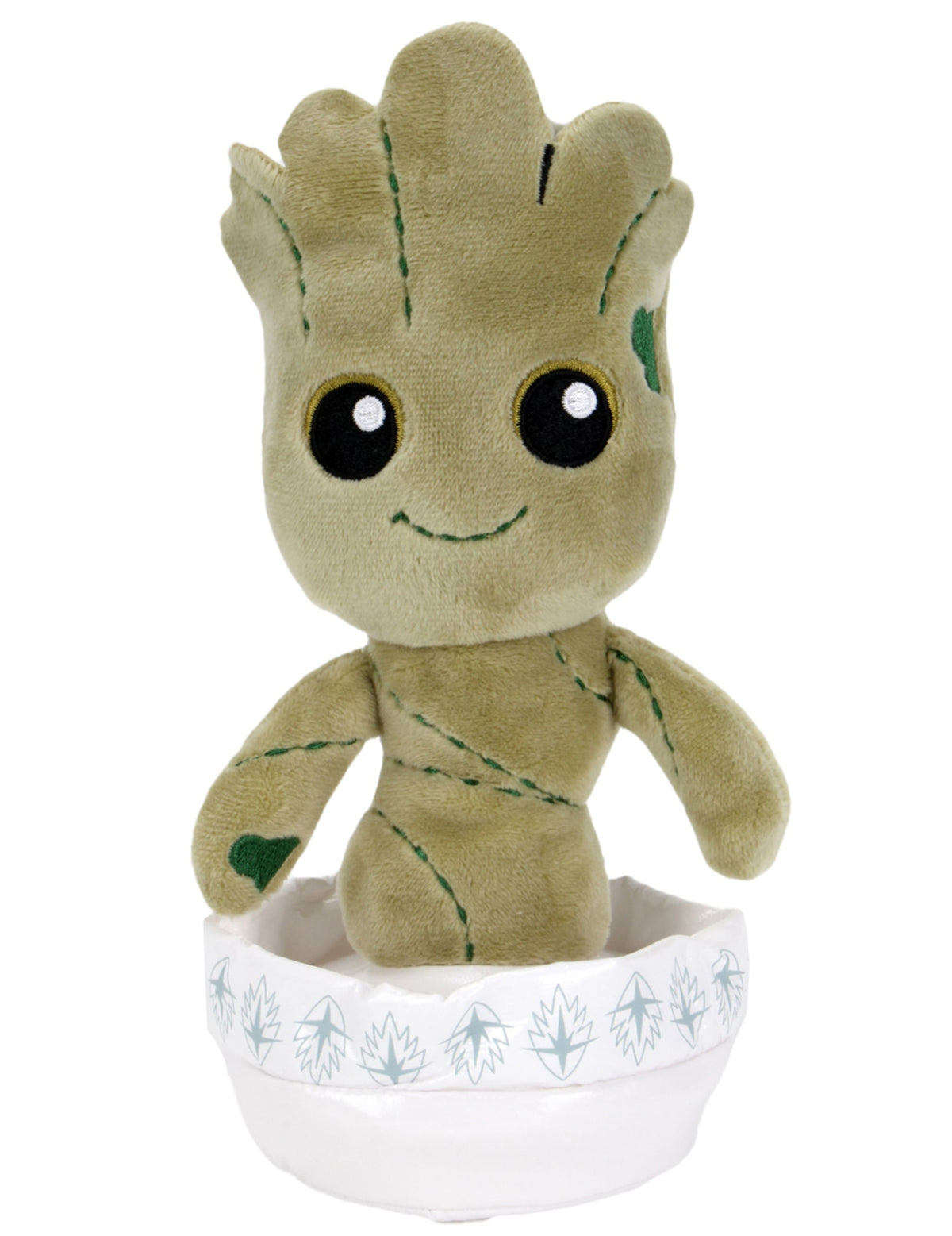 Peluche Baby Groot pour enfant marron et vert avec pot blanc à motifs