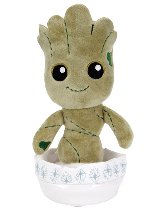 Peluche Baby Groot pour enfant marron et vert avec pot blanc à motifs