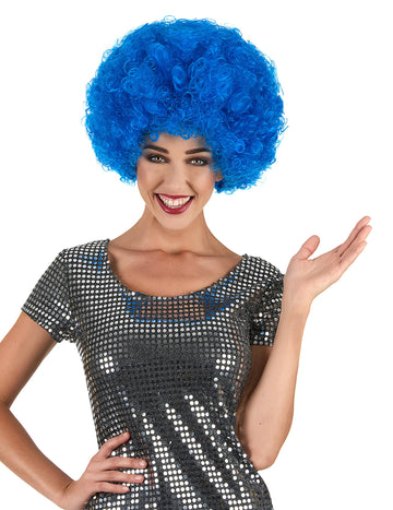 Perruque de clown pour adulte bleue frisée et volumineuse