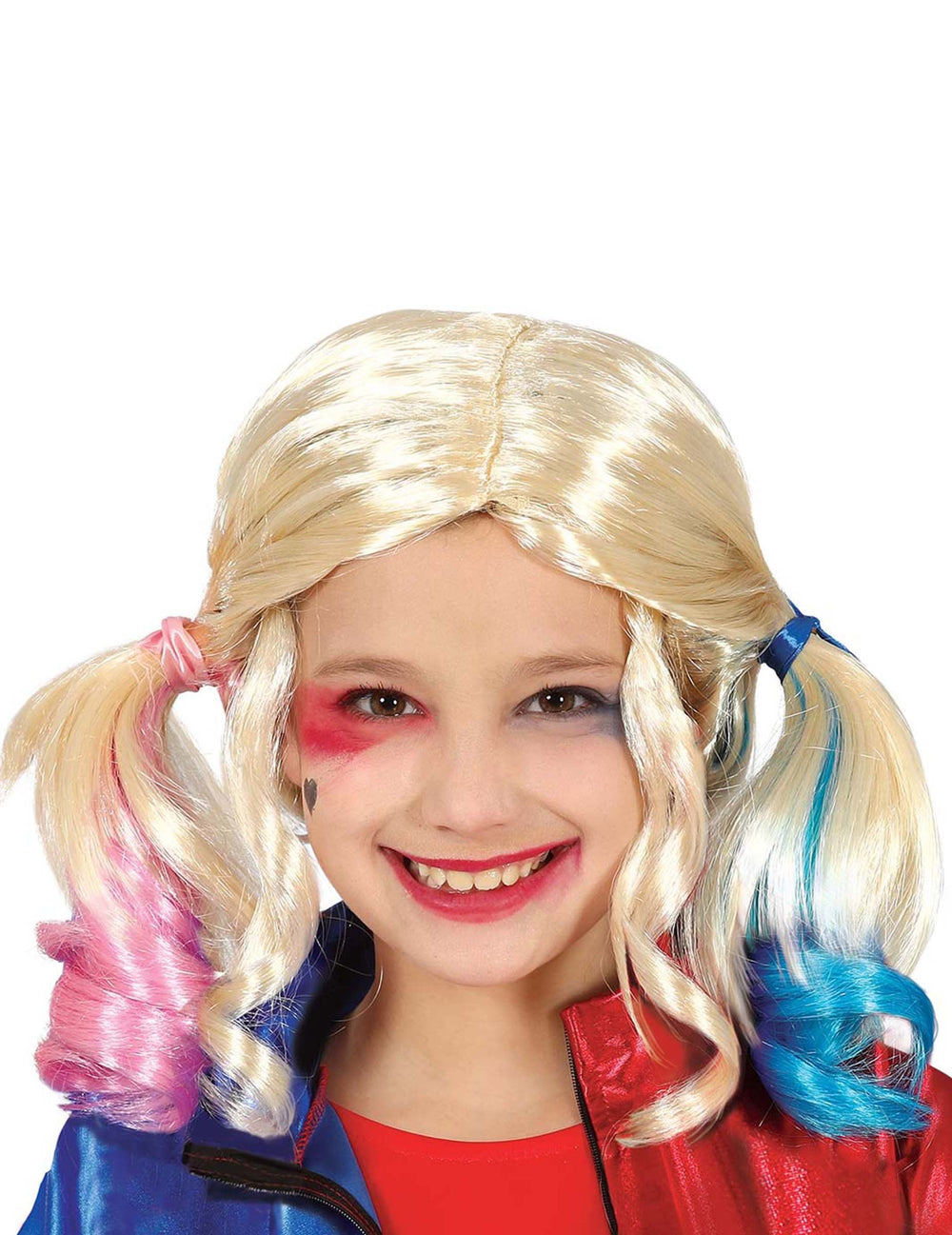 Perruque arlequine maléfique pour enfant blonde avec couettes rose et bleue
