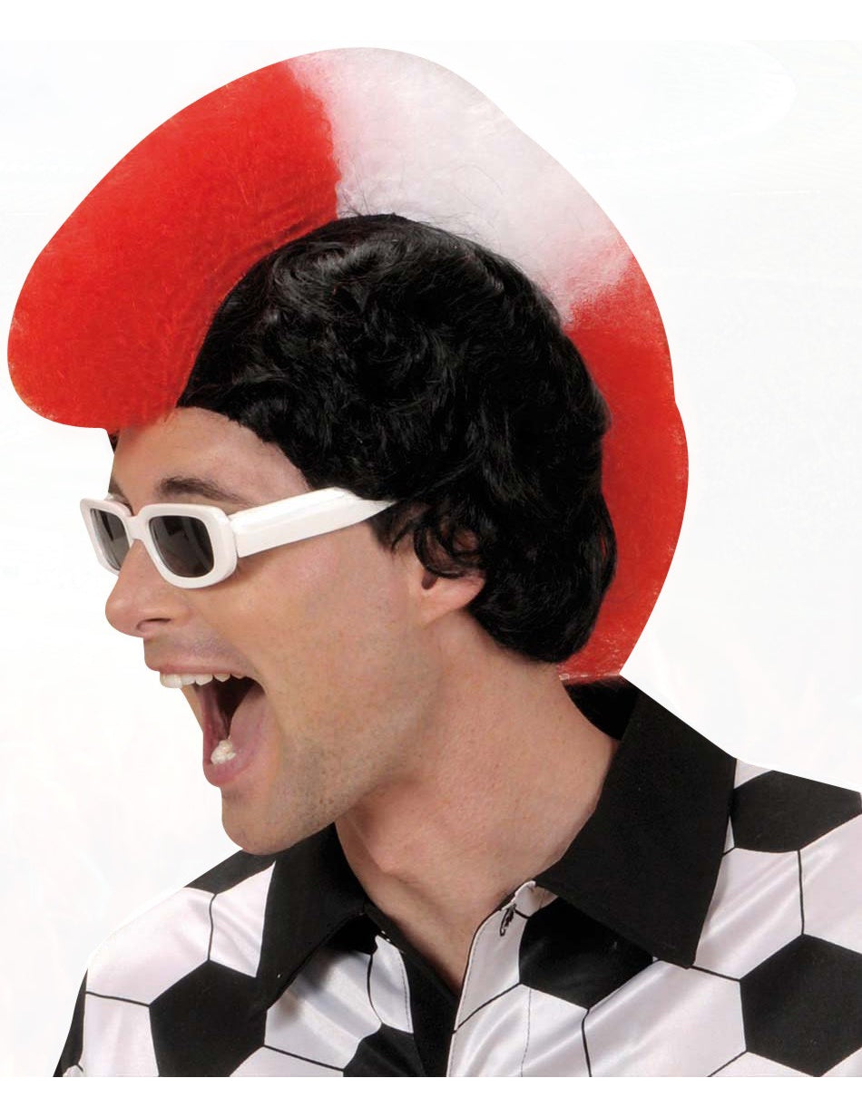 Perruque supporter Autriche pour homme noire avec crête rouge et blanche