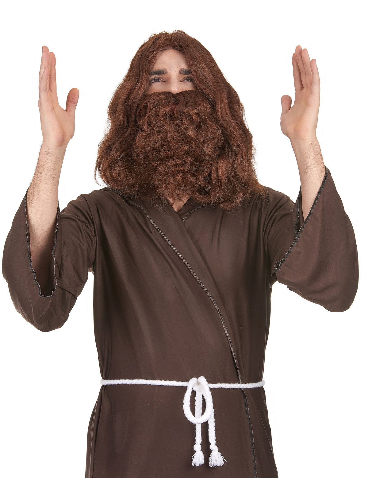 Perruque avec barbe Jésus pour homme marron long et frisé