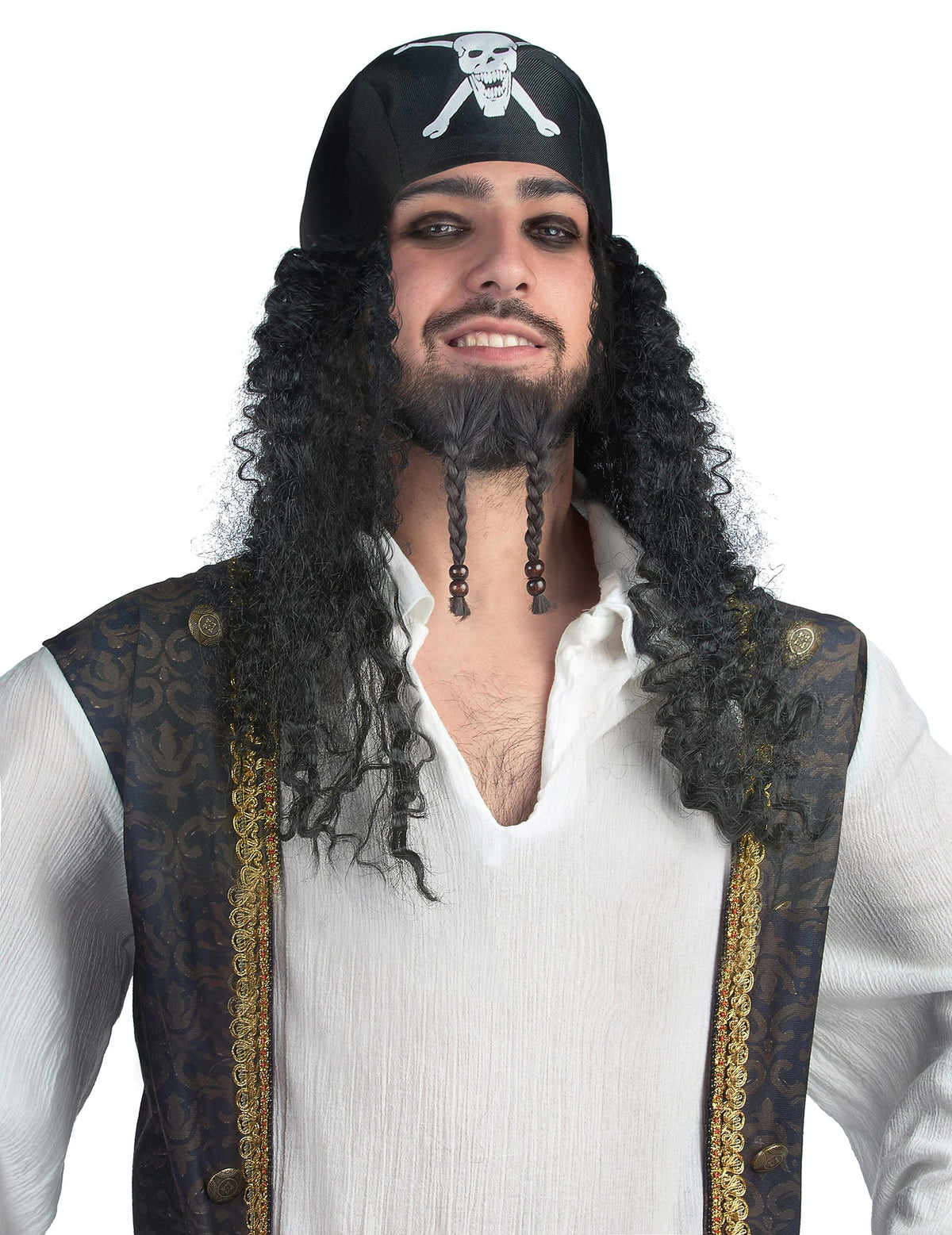 Perruque bandana pirate pour adulte noire aux cheveux bouclés avec barbichette tressée