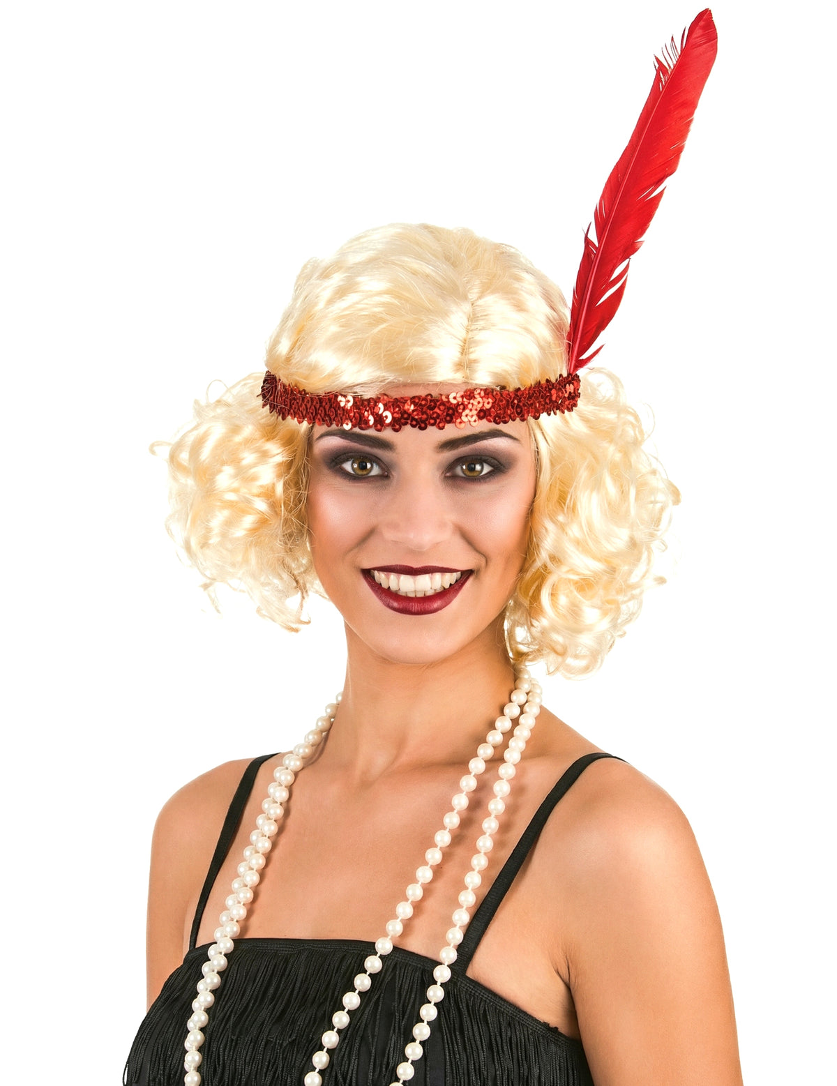 Perruque charleston pour femme blonde avec bandeau à sequins et plume rouge
