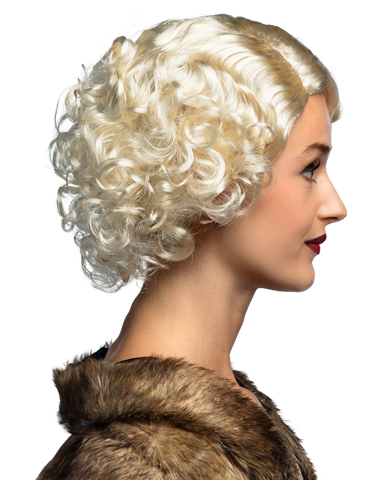 Vue de profil de la perruque blonde platine pour femme