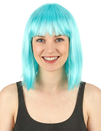 Perruque carré mi-long pour femme bleu ciel avec frange