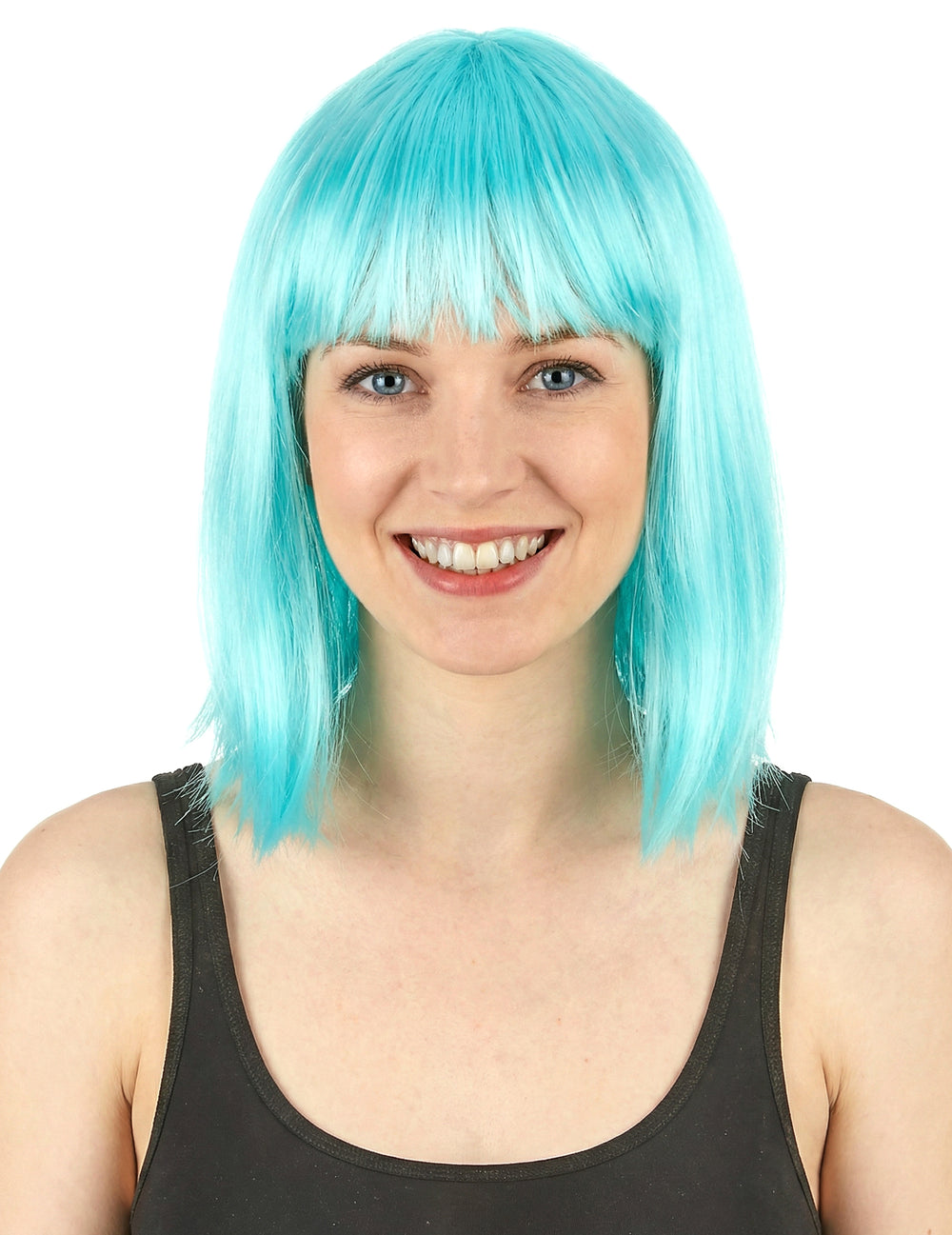 Perruque carré mi-long pour femme bleu ciel avec frange