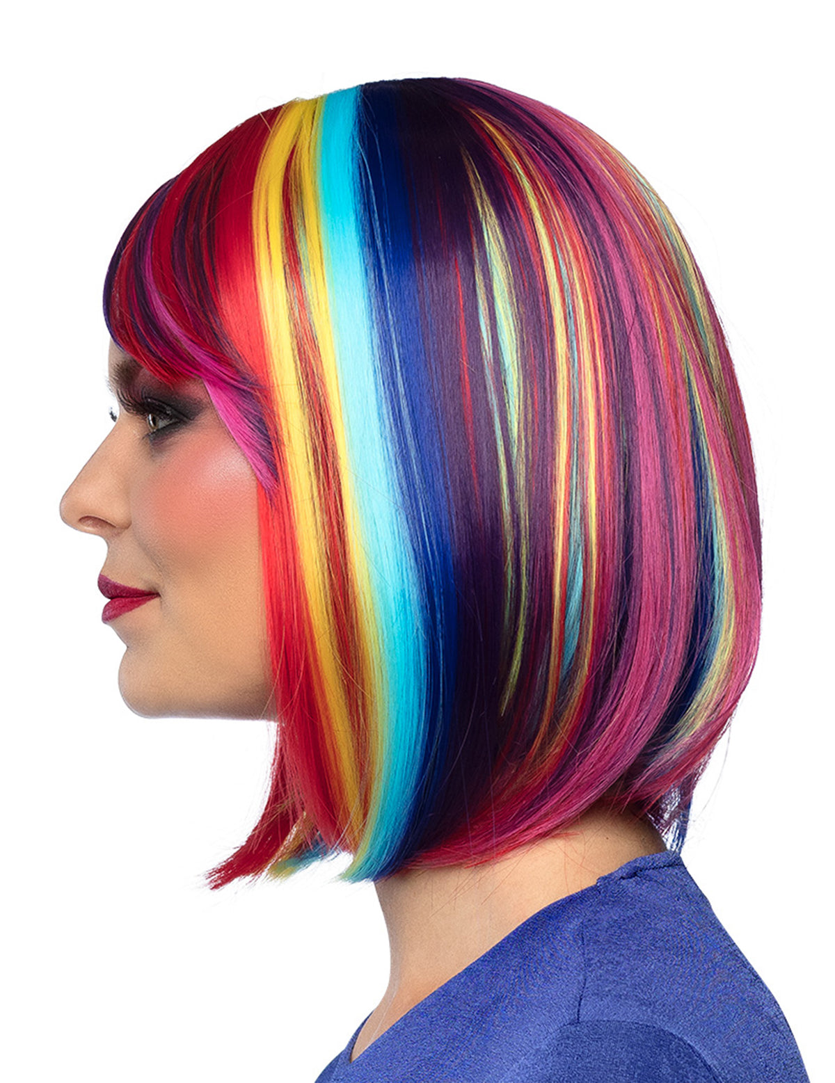 Vue de profil de la perruque carrée longue avec mèches multicolores pour femme arc-en-ciel