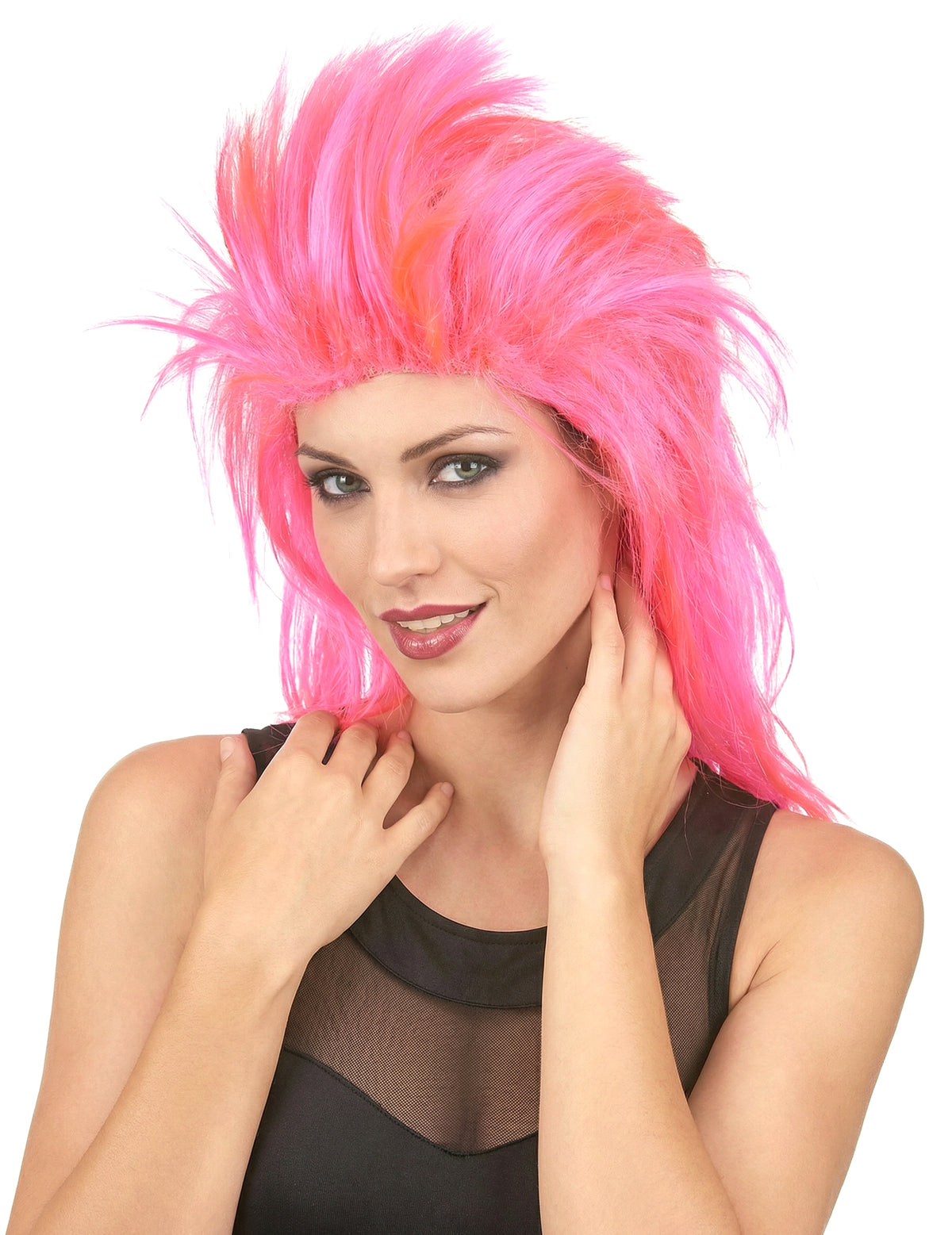 Perruque de chanteuse de rock pour femme rose fluo