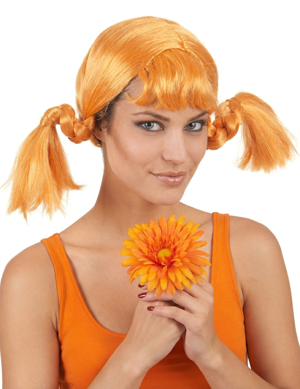 Perruque à couettes pour femme rousse avec frange