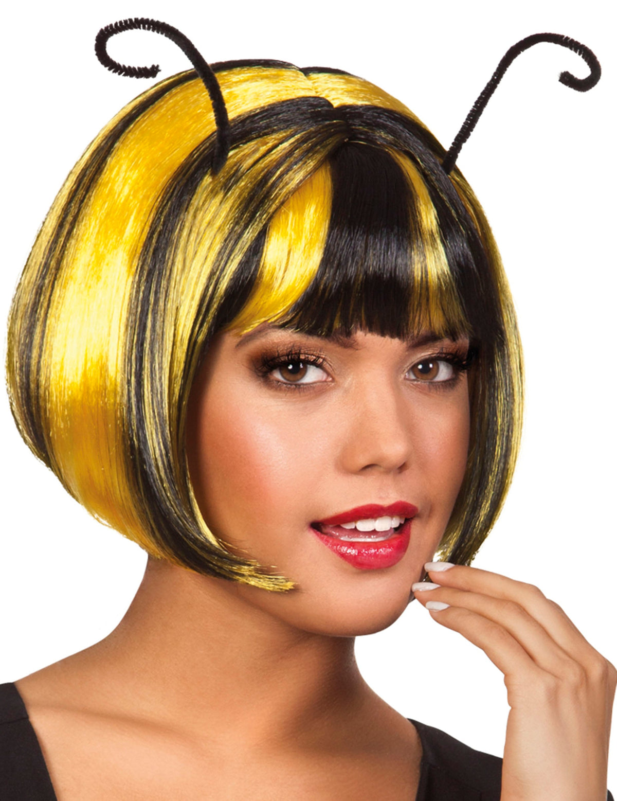 Perruque courte abeille pour femme jaune et noire avec antennes