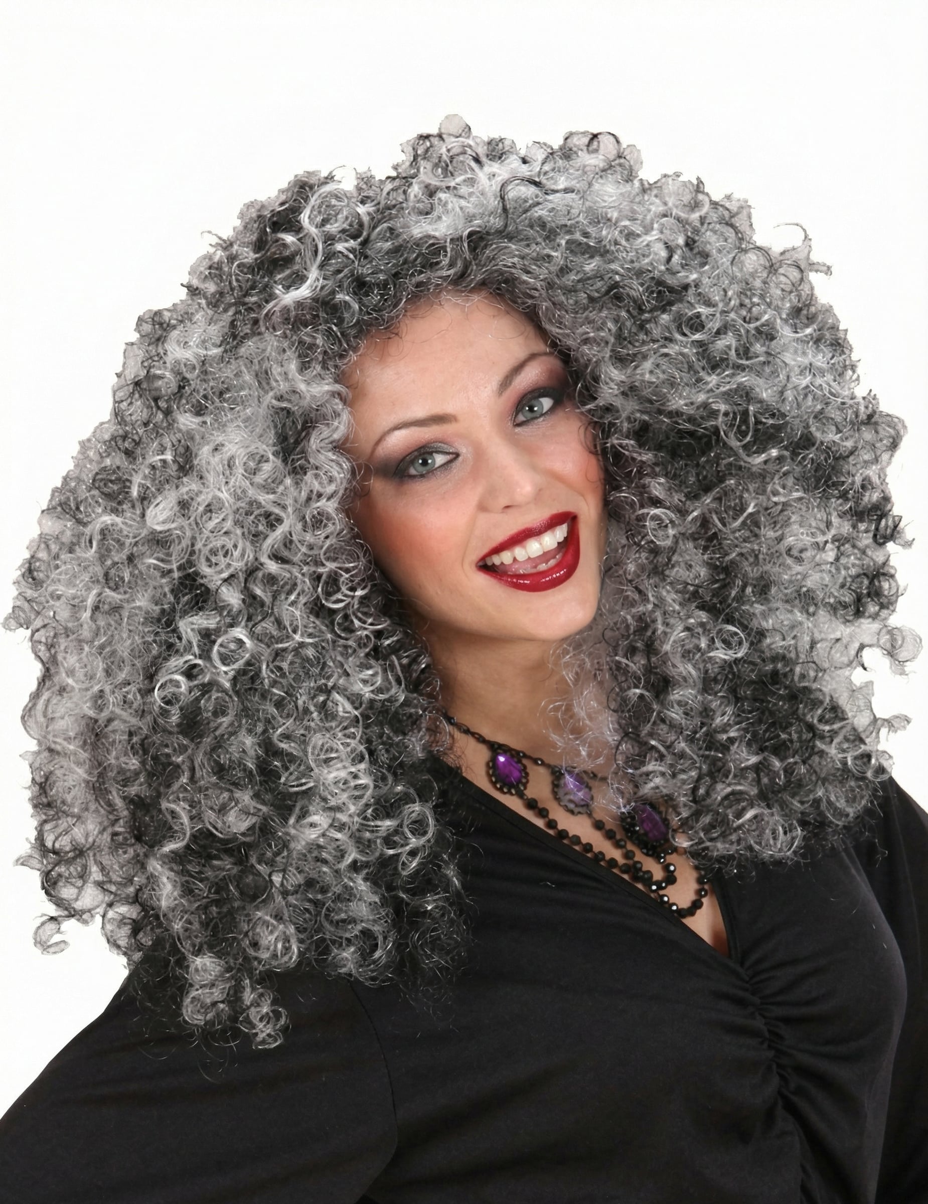 Perruque de sorcière pour femme noire et grise volumineuse
