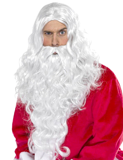 Perruque et barbe Père Noël pour adulte blanche bouclée