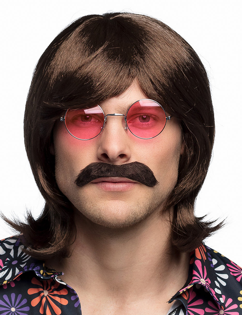 Gros plan sur le visage de la perruque et moustache pour homme marron