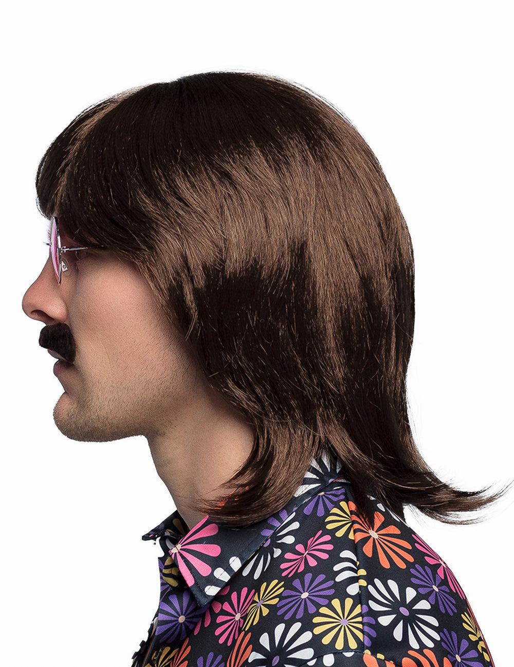 Vue de profil de la perruque et moustache pour homme marron