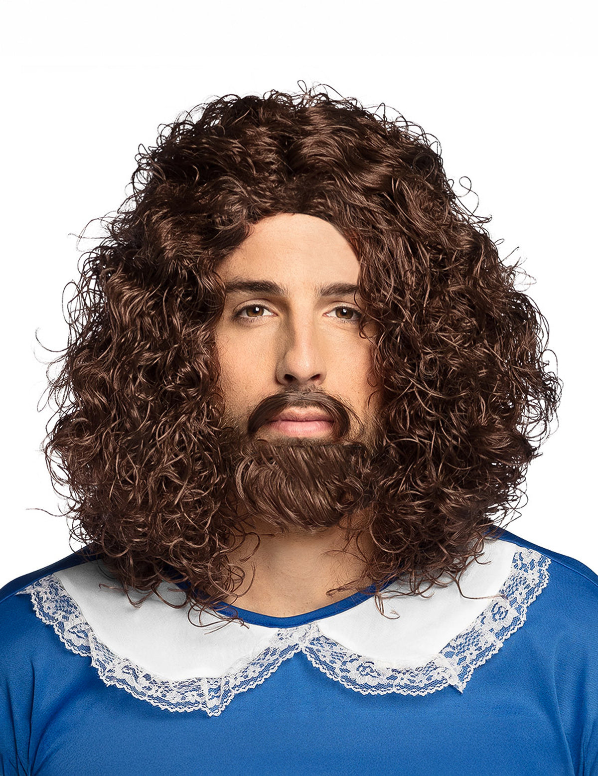 Perruque et moustache de mousquetaire pour homme châtain bouclée