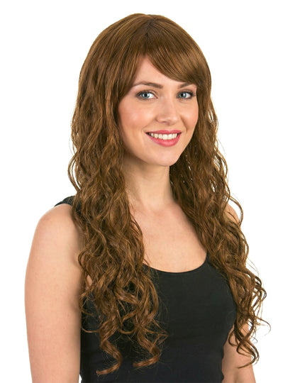 Vue de face de la perruque glamour longue pour femme châtain avec boucles