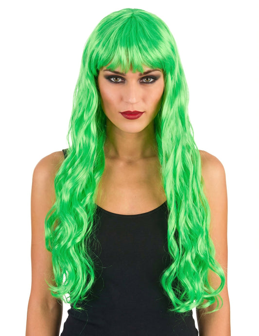 Perruque longue ondulée pour femme vert fluo avec frange