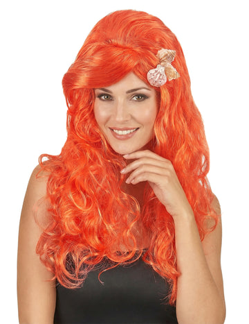 Perruque longue pour femme orange ondulée avec barrette coquillage