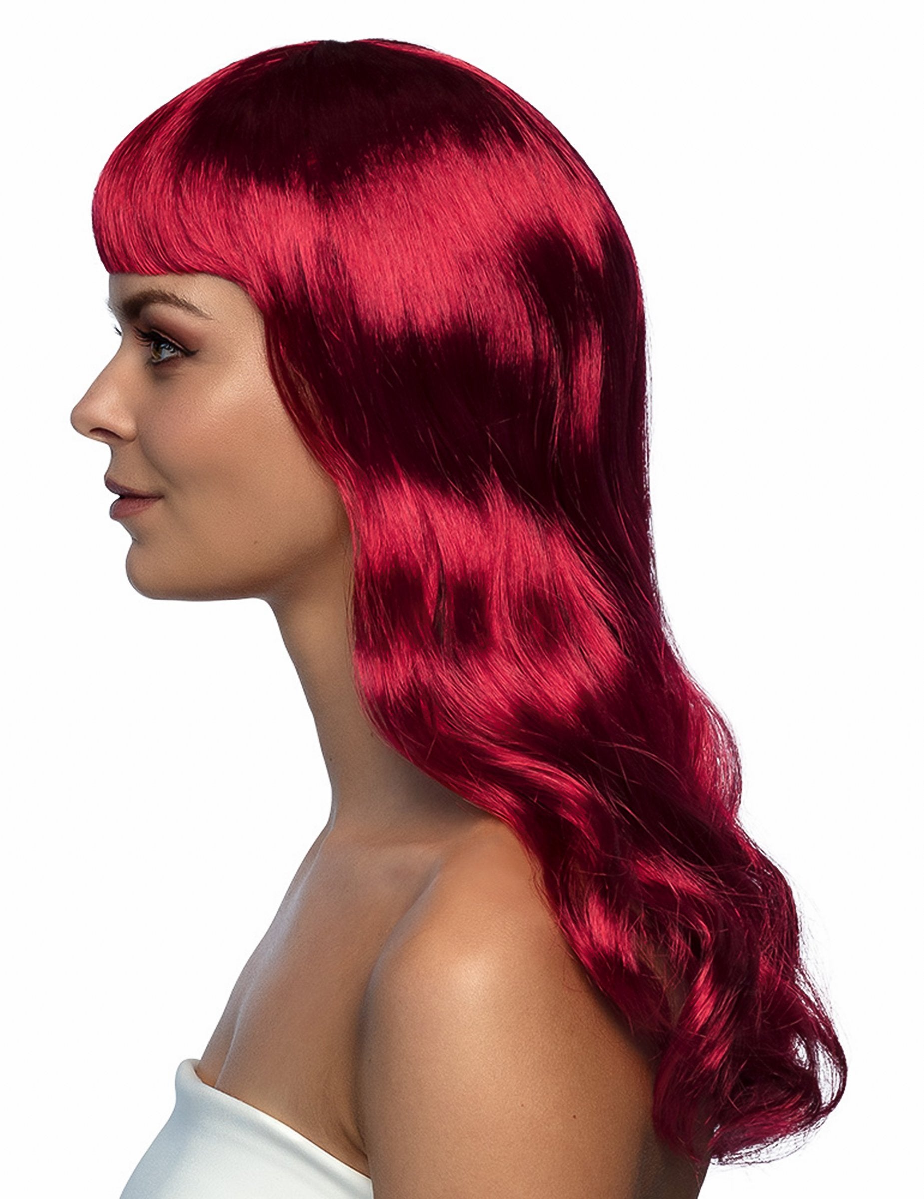 Profilna slika dolge perike za ženske, temno rdeče